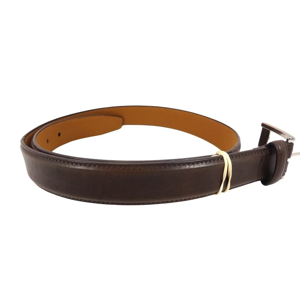 Leather Dress Belt Mens 34 Dark Brown Excellent Brushed Silver Buckle Classic